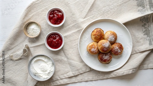 Wallpaper Mural Delightful bleskiver served with fresh fruit preserves and powdered sugar on a rustic linen tablecloth Torontodigital.ca