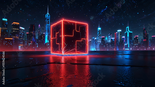 3d render, abstract red blue neon background. Glowing linear volumetric cube in the middle of the city street, under the starry night sky. Digital futuristic wallpaper