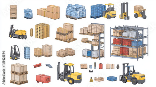 Warehouse interior with box and pallete vector. Forklift and rack equipment for hangar stockroom isolated clipart on white background. Distribution office icon design for goods in container shipment