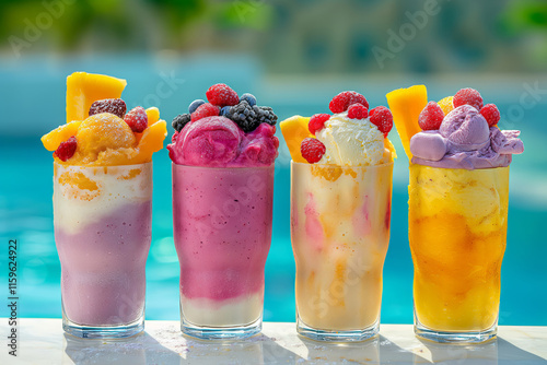 Assorted tropical fruit sorbets and ice cream desserts with vibrant garnishes served poolside on a sunny day, evoking a refreshing summer ambiance photo