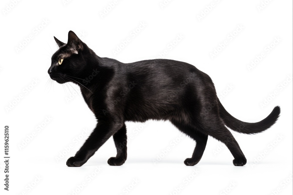 Black Cat Walking Alone - Side View of Domestic Pet Animal Walking on White Background - Crossbreed Creature on the Move Black Cat Walking Alone - Side View of Domestic Pet Animal Walking on White Background - Crossbreed Creature on the Move