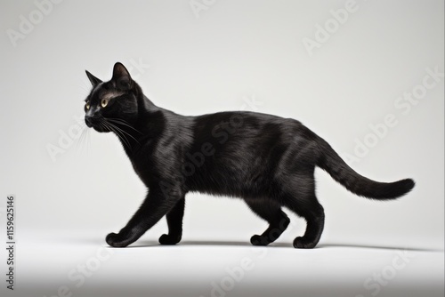 Black Cat Walking in Isolation on White Background. Domestic Pet on Solo Stroll photo