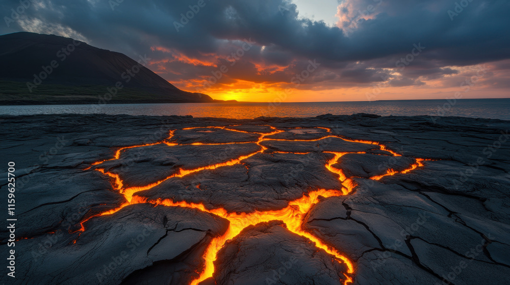 Glowing up, Vibrant image of glowing lava flowing from a volcano at dusk, showcasing the natural beauty and power of volcanic activity. Glowing up, Vibrant image of glowing lava flowing from a volcano at dusk, showcasing the natural beauty and power of volcanic activity.