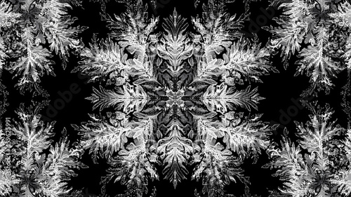 Realistic frostwork pattern on black background, frost, ice crystals, window, cold, winter, frostwork, abstract, texture, design. Frostweave. Illustration