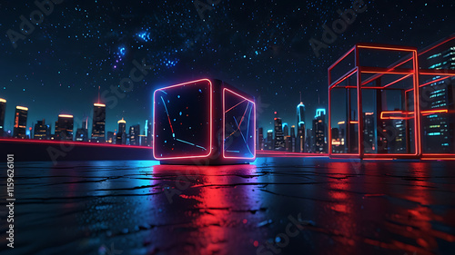 3d render, abstract red blue neon background. Glowing linear volumetric cube in the middle of the city street, under the starry night sky. Digital futuristic wallpaper