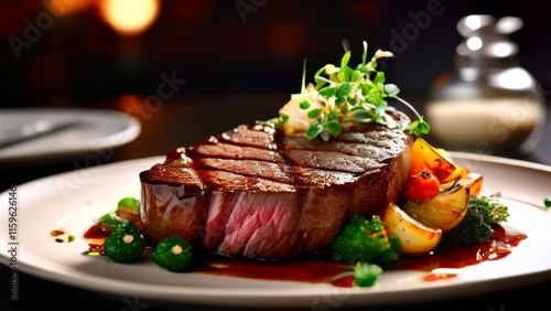 Succulent grilled steak topped with fresh rosemary, served on white plate with vibrant vegetables, rich sauce, creating elegant dining experience perfect for restaurant menus. culinary promotions.