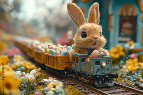 A Easter Bunny operating a miniature train, its carriages filled with eggs