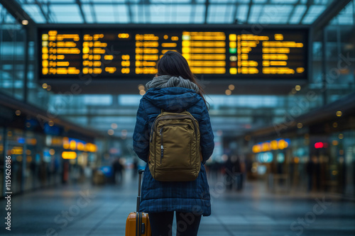 A person stands in front of a large, illuminated information board in what appears to be an airport or train station terminal photo