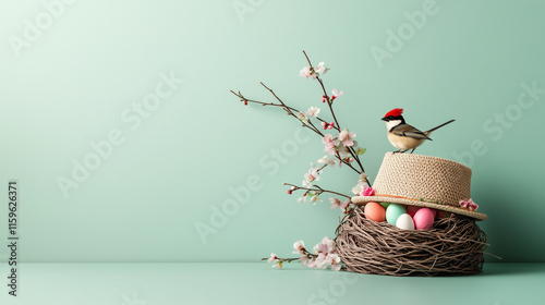 Nest-inspired hat decorated with cherry blossoms, pastel eggs, and a perched bird, styled on a mint green background. photo