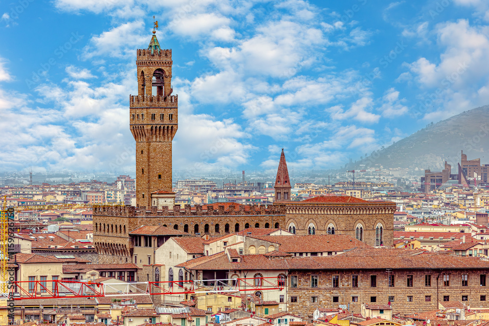 The Palazzo Vecchio in Piazza della Signoria, designed by Arnolfo di Cambio, is one of the most famous buildings in Florence. It currently serves as the town hall. Florence, Tuscany, Italy.