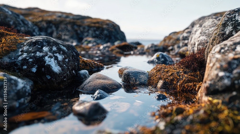 Rocky coastal pool reflecting sky, mossy rocks.