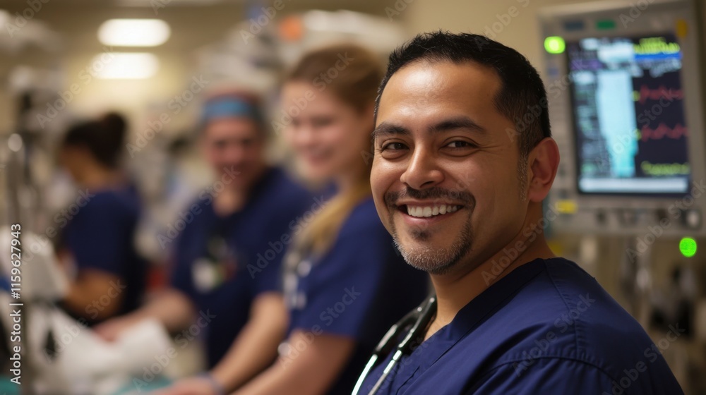 Smiling Male Doctor in Hospital with Nurses and Medical Equipment Smiling Male Doctor in Hospital with Nurses and Medical Equipment