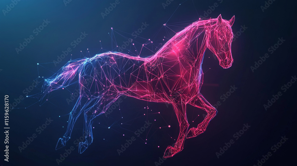 A hologram of a horse. A horse made of polygons, triangles of points and lines. Horse is a low-poly compound structure. Technology concept vector. A hologram of a horse. A horse made of polygons, triangles of points and lines. Horse is a low-poly compound structure. Technology concept vector.
