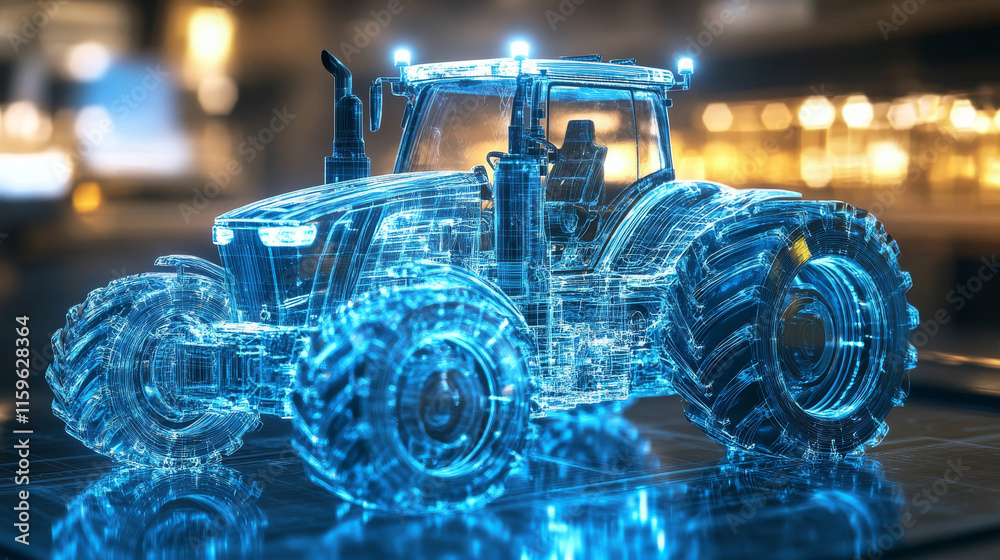 Fototapeta premium Hologram tractor. A holographic projection of the tractor. Flickering energy flux of particles. The scientific design of the tractor