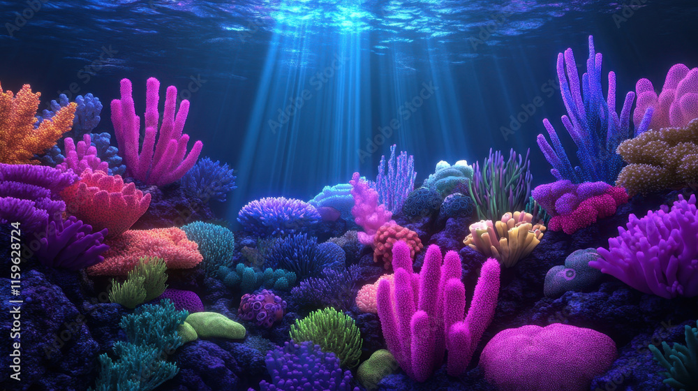 Naklejka premium Glowing up, A vibrant underwater coral reef scene showcasing glowing corals and marine life, ideal for marine, nature, or aquarium-themed projects.
