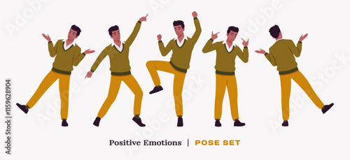 Handsome dark skin businessman happy fun pose set. Guy in v-neck pullover, knit sweater for modern office casual look, authentic pakistani indian male model. Vector flat style cartoon illustration