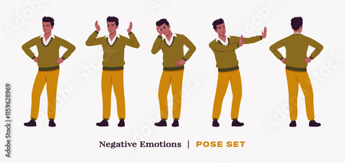 Handsome dark skin businessman bad anger pose set. Guy in v-neck pullover, knit sweater for modern office casual look, authentic pakistani indian male model. Vector flat style cartoon illustration