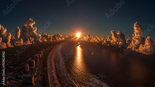 Sunrise over coastal city with beach and ocean.