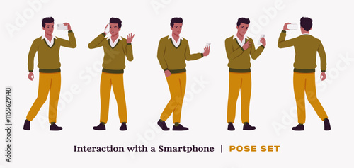 Handsome dark skin businessman smartphone use pose set. Guy in v-neck pullover knit sweater for modern office casual look, authentic pakistani indian male model. Vector flat style cartoon illustration