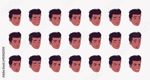 Handsome dark skin guy, young Indian boy businessman emotion set, consultant manager, confident employer, student entrepreneur bundle portrait. Face icons, facial expression pic. Vector illustration