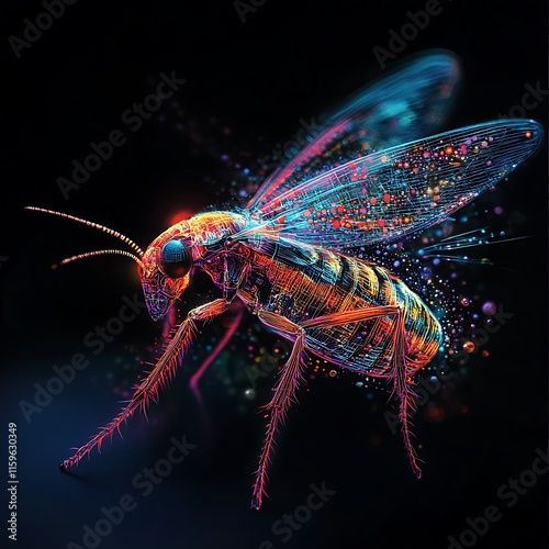 Macro close up of neon insect with dazzling glowing wings picture photo