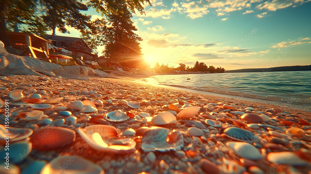 Obraz premium Sunset beach scene with shells and pebbles.