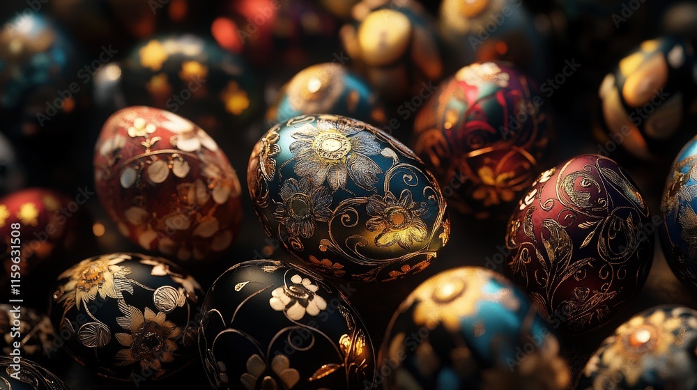 Easter eggs in vibrant colors and intricate patterns Easter eggs in vibrant colors and intricate patterns