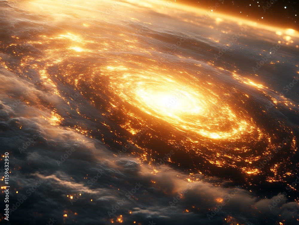 Fototapeta premium Fiery Celestial Spiral Galaxy Swirling With Light