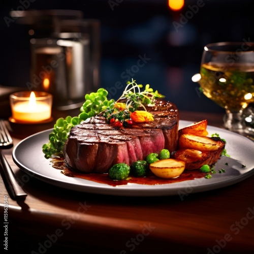Elegant dish of perfectly seared steak with colorful accompaniments, garnished with fresh herbs, ideal for showcasing fine dining experiences in food blogs, advertisements, or social media posts.