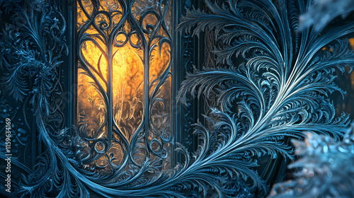 Imaginary frostwork on a window highlighting intricate details, frostwork, clarity, window, intricate, details. Frostweave. Illustration