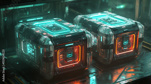 Game futuristic boxes, future technology chests. Icons of sci-fi equipment, loot boxes with electronic lock and display with neon light, vector cartoon illustration isolated on background