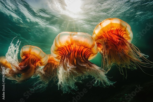 Vibrant lions mane jellyfish in dramatic underwater setting