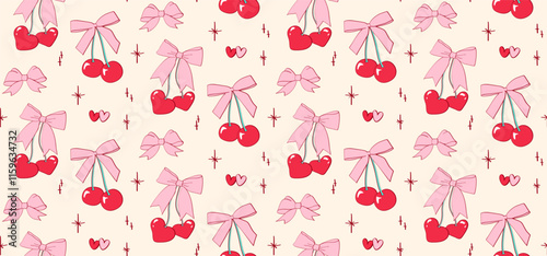 Seamless hand drawn pattern with red cherries tied in pink bows, small hearts and stars on a soft beige background. Coquette vintage aesthetic wallpaper, stylish romantic background for print, fabric.