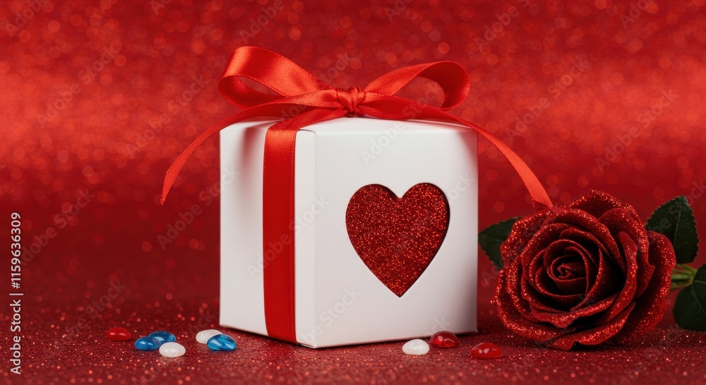 A white valentine gift box against red glittery background with a heart cut out of its front on the front of the box The box is adorned with a red silk ribbon tied in a bow on top and a red rose A white valentine gift box against red glittery background with a heart cut out of its front on the front of the box The box is adorned with a red silk ribbon tied in a bow on top and a red rose