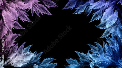 Frostwork. decorative frostwork ice crystals frame on black background. can be used as window frost overlay in design, colorful. isolated with white highlights. Frostweave. Illustration photo