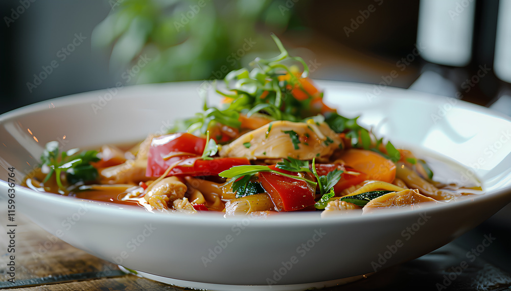 Chicken noodle soup with vegetables in a white bowl Chicken noodle soup with vegetables in a white bowl