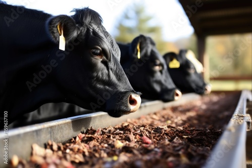 Closeup of Ravenous Angus Beef Herd Eating Corn in Red and Black Feed Trough