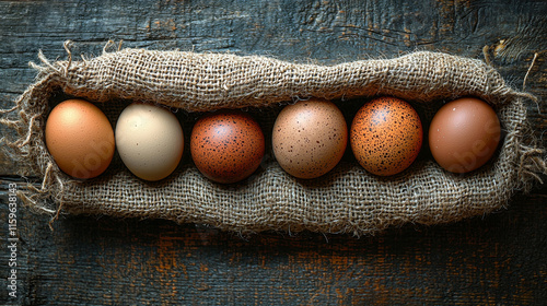 Easter abstract background. Closeup fresh chicken egg in small hemp sack.