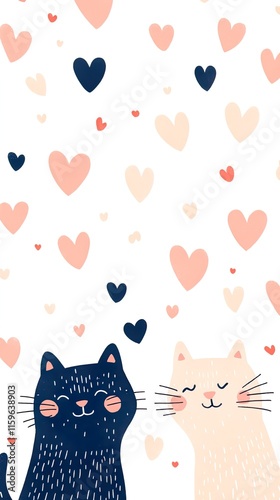 Cute cats surrounded by hearts in whimsical cartoon style
