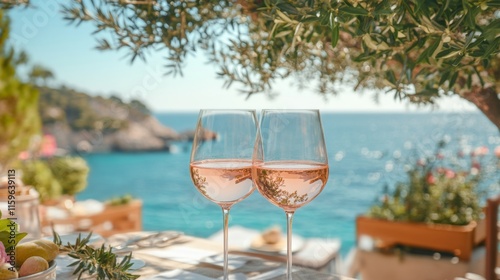 Fototapeta Naklejka Na Ścianę i Meble -  Cold rose Provencal wine in glass served in sunlights on outdoor terrace with view on old fisherman's harbour