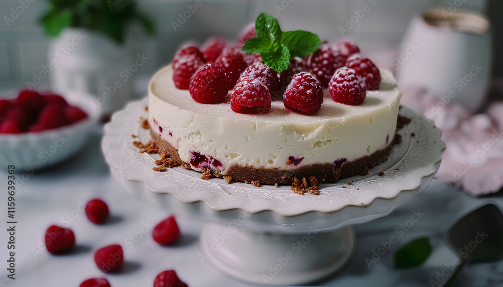 Homemade cheesecake with fresh raspberries and mint for dessert - healthy natural summer dessert pie. Vanilla cheesecake Homemade cheesecake with fresh raspberries and mint for dessert - healthy natural summer dessert pie. Vanilla cheesecake