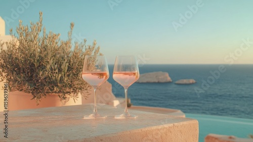 Fototapeta Naklejka Na Ścianę i Meble -  Cold rose Provencal wine in glass served in sunlights on outdoor terrace with view on old fisherman's harbour