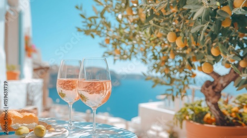 Fototapeta Naklejka Na Ścianę i Meble -  Cold rose Provencal wine in glass served in sunlights on outdoor terrace with view on old fisherman's harbour