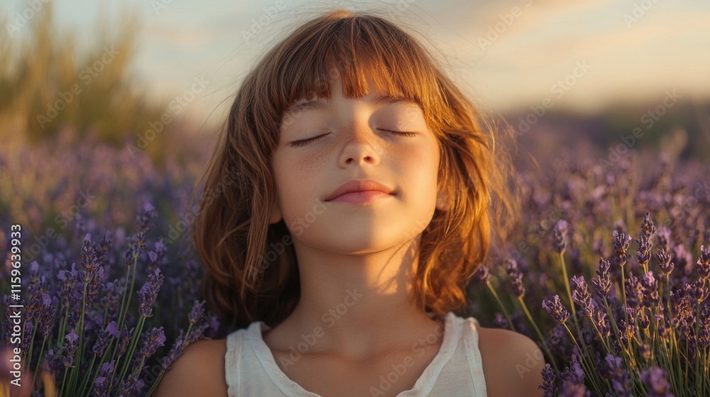 Fototapeta premium Young Girl Serene In Lavender Field At Sunset