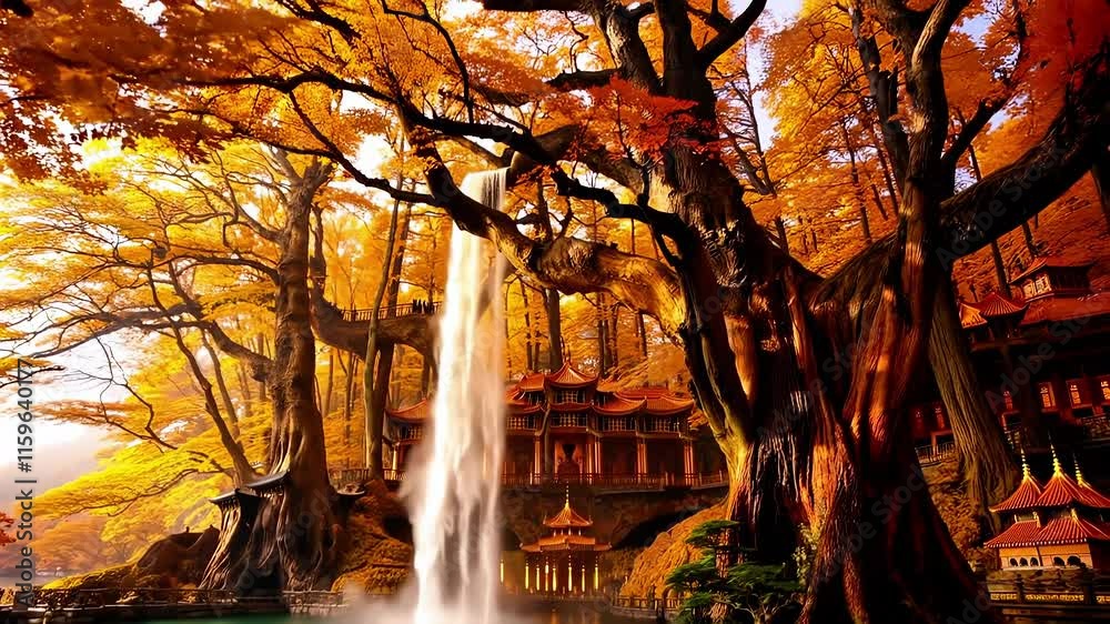 Beautiful nature scenery with an waterfall coming out of an giant tree in a beautiful golden autumn forest, force of nature, natures beauty, mother earth