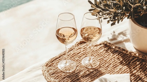 Cold rose Provencal wine in glass served in sunlights on outdoor terrace with view on old fisherman's harbour