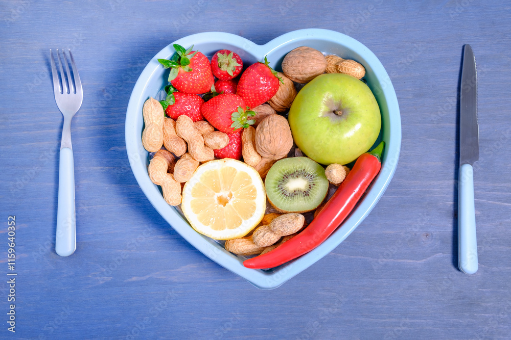 Heart shaped dish with vegetables isolated on blue wooden background Heart shaped dish with vegetables isolated on blue wooden background