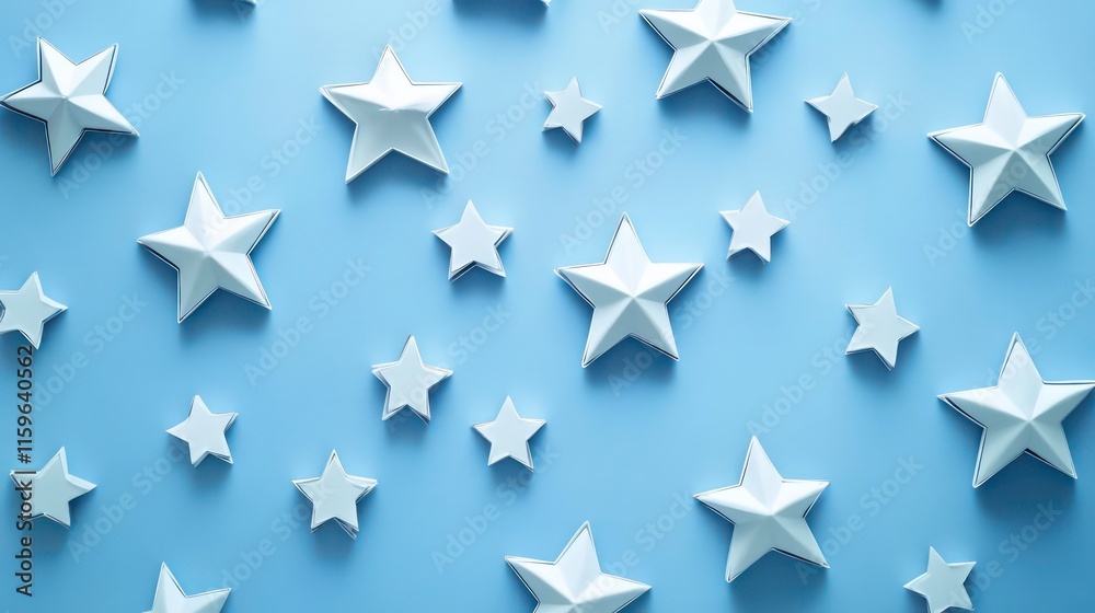 White paper stars scattered on a light blue background. White paper stars scattered on a light blue background.