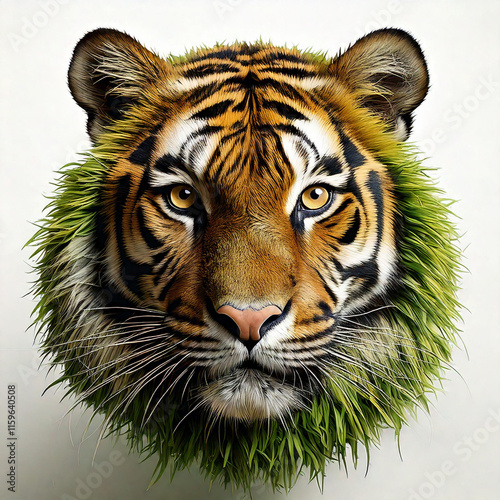 royal Bengal tiger shaped by cut grass, only green color, white background photo