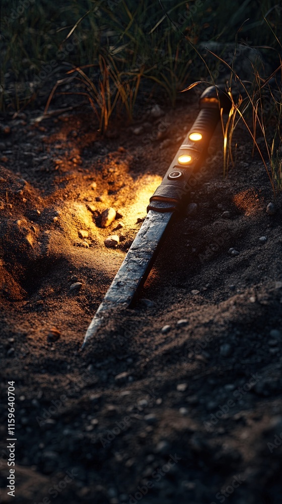 Glowing knife near a small fire in the ground. Glowing knife near a small fire in the ground.
